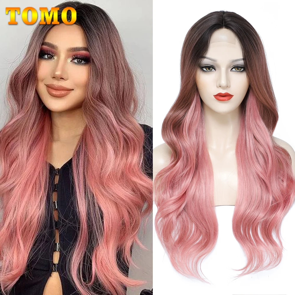 

TOMO Long Wavy Synthetic Wig For Women 26 Inch Middle Part Curly Wavy Wig Natural Looking Wig For Daily Party Use Ombre Red Wig
