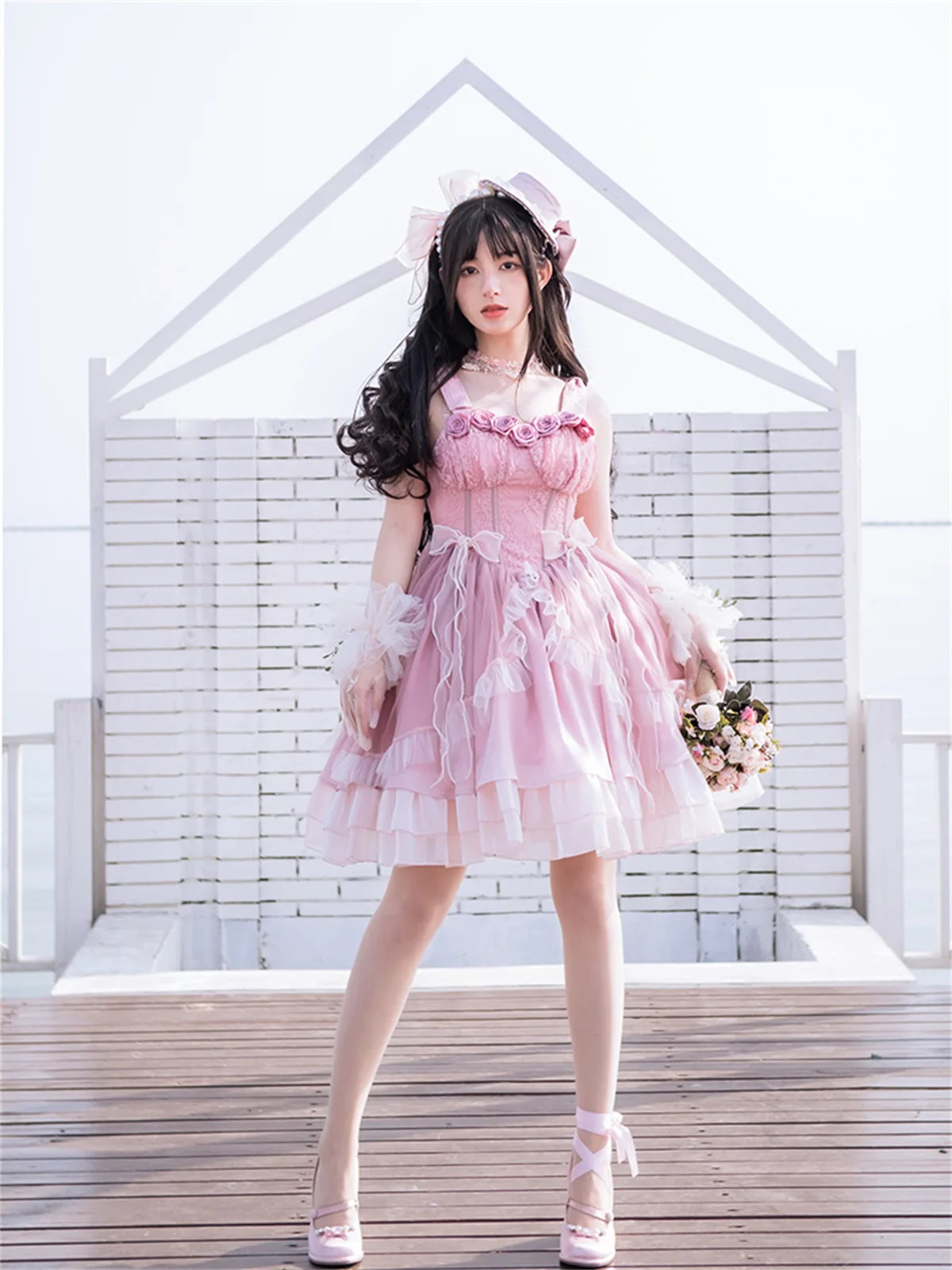 

Japanese Sweet Style Lolita Kawaii Girls Jsk Cute Cosplay Lace Flower Wild Rose Ribbon Bowknot Tunic Elegant Ruffle Dress