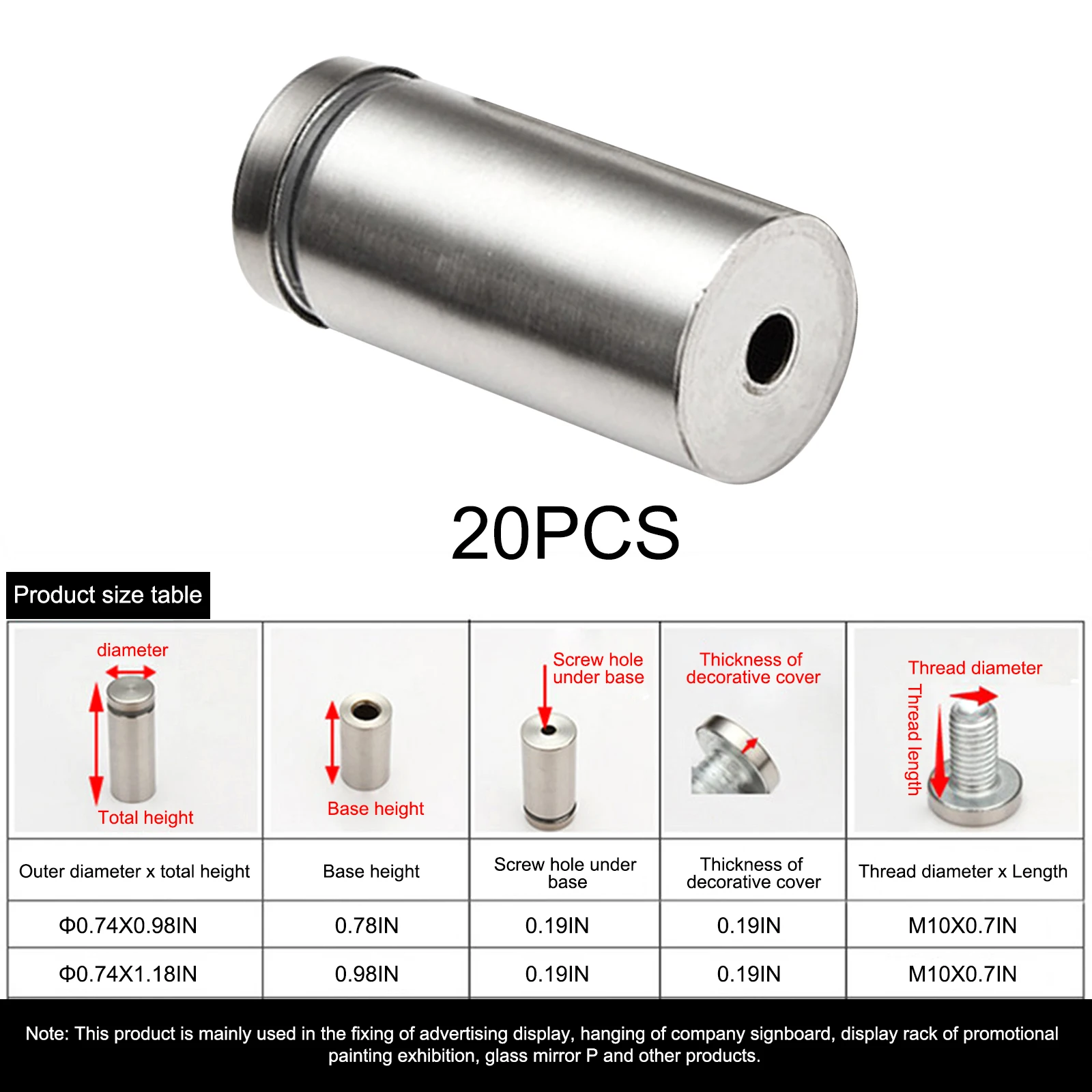 20PCS Glass Fasteners 1/2 X 1.18in Stainless Steel Acrylic Advertisement Standoffs Pin Nails Billboard Fixing Screws Hardware
20PCS Glass Fasteners 1/2 X 1.18in Stainless Steel Acrylic Advertisement Standoffs Pin Nails Billboard Fixing Screws Hardware