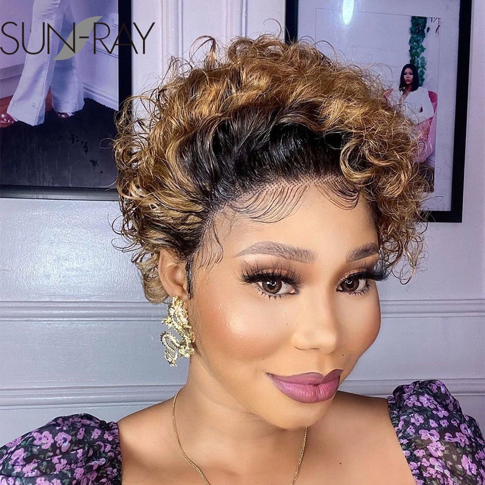 

Short Pixie Cut Lace Wig Ombre Blonde Curly Human Hair Wigs 13X1 Water Wave Remy Hair Lace Bob Wig For Black Women Brazilian Wig