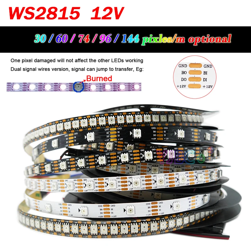 

1~5m 12V WS2815 addressable 5050 RGB LED Strip pixel full Color Light Tape 30/60/74/96/144 leds/m WS2812 IC Magic bar IP30/65/67