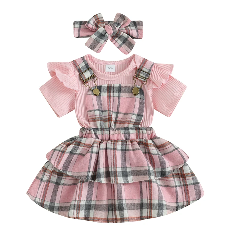 

Baby Girls Summer 3Pcs Outfits Solid Color Rib Knit Short Sleeve Rompers Plaid Suspender Skirts Headband Clothes Set