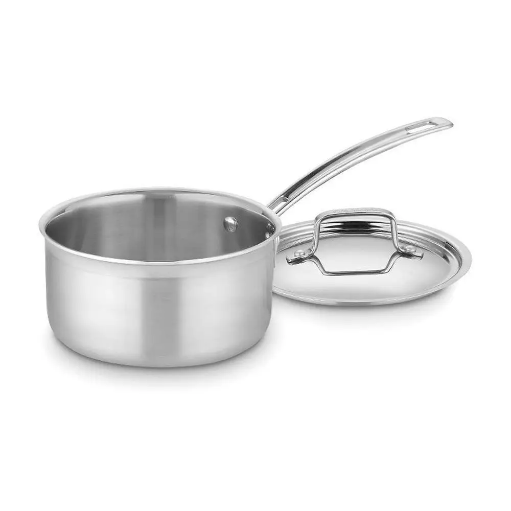 

Stainless Steel Tri-Ply Saucepan with Aluminum Core and Lid Even Heat Distribution Cool Grip Handle 2 Quart Capacity