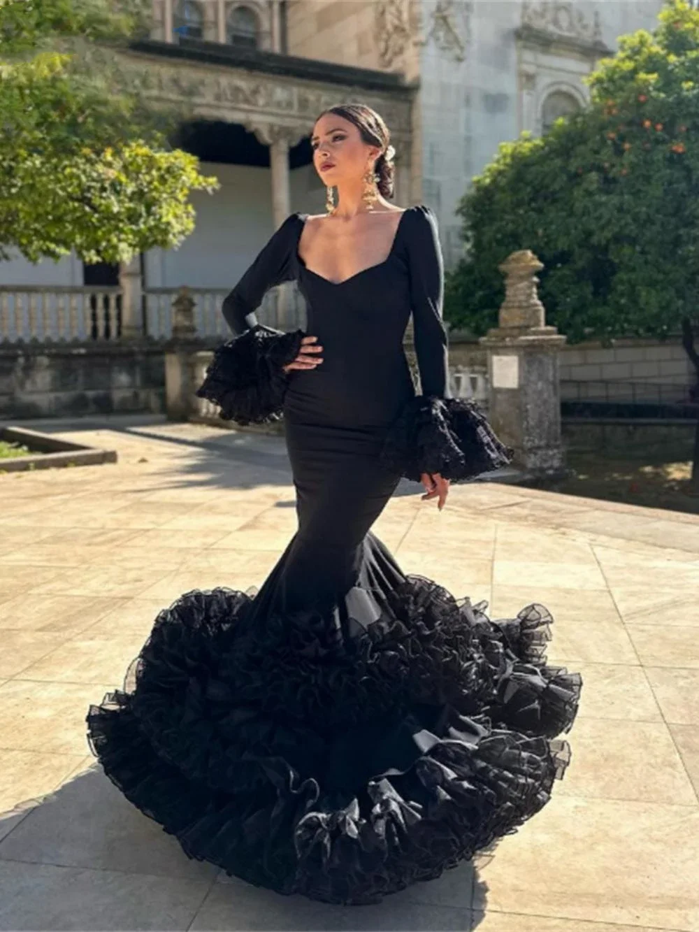 

Сексуальное черное платье для выпускного вечера с глубоким V-образным вырезом и открытой спиной, классическое кружевное Плиссированное атласное вечернее платье с юбкой-годе и фламенко, официальное платье для свадебной вечеринки