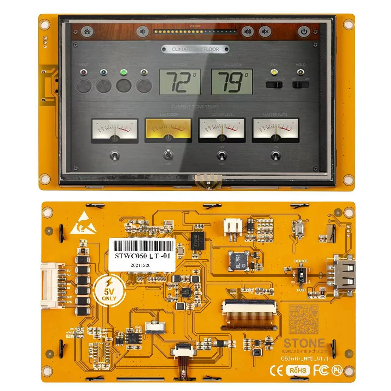 

5.0TFT HMI Driver 1G Hz Cortex A8 CPU & Driving device 262k true-to-life colors. 300 cd/m2 brightness; LED backlight;