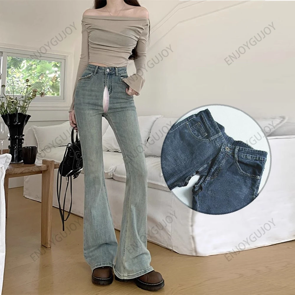 

Floor Mopping Pants Invisible Open Crotch Outdoor Sex Retro Micro Flared Jeans Ms High Waist Elasticity Horseshoe Trousers