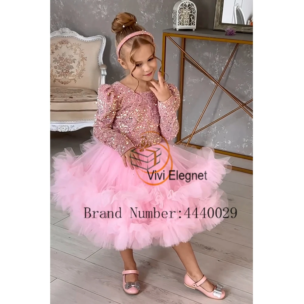 

Charming Pink Flower Girls Dresses for Kids 2024 Summer Full Sleeve Christmas Gowns with Sequined New Soft Tulle Vestido De