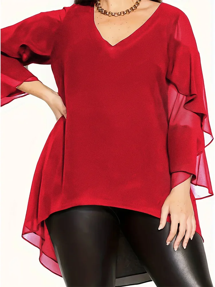 Plus Size Women Chiffon T Shirt Spring New Fashion Layered Ruffle Sleeve Top Mesh Patchwork Asymmetric V-Neck Elegant Tee Top
Plus Size Women Chiffon T Shirt Spring New Fashion Layered Ruffle Sleeve Top Mesh Patchwork Asymmetric V-Neck Elegant Tee Top
