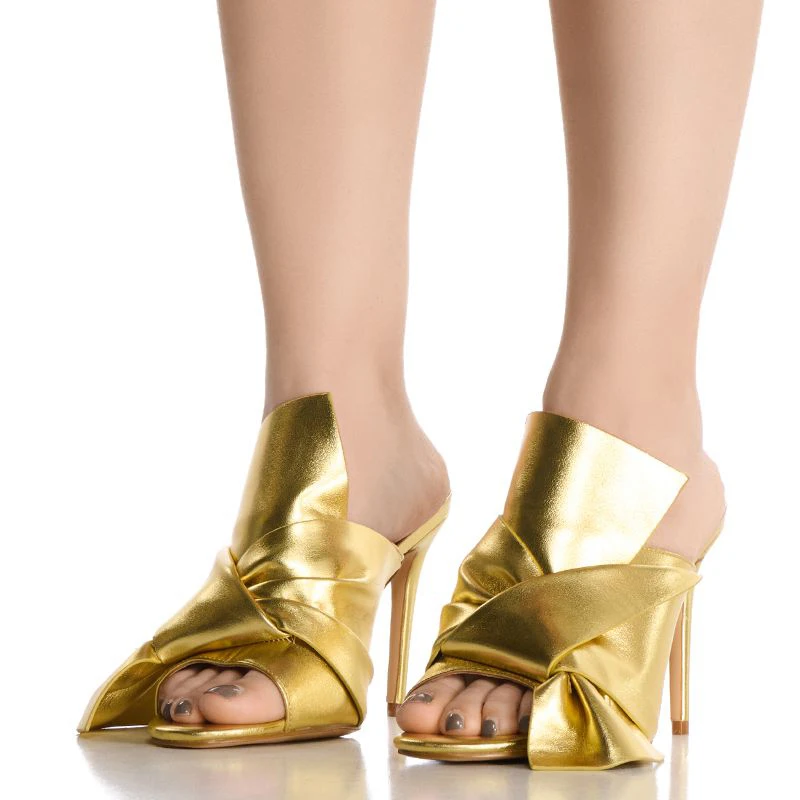 

Custom Gold Women Peep Toe Sandals Leather Bow Knotted Stiletto Dress Shoes Thin High Heels Slip On Mules