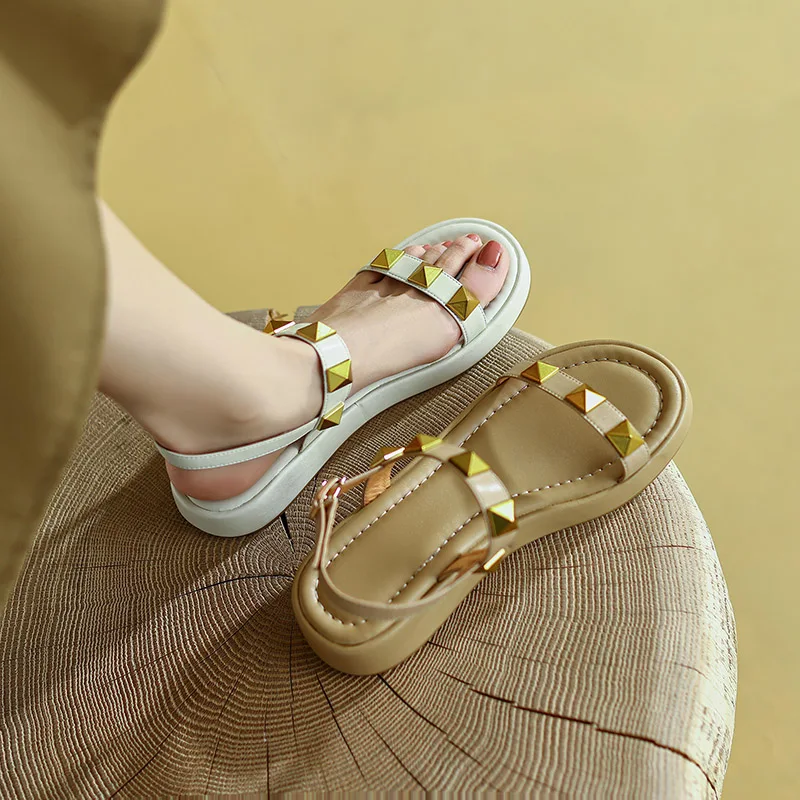 

Phoentin Women Rivets Roman Sandals 2023 Summer new Platform low heel Shoes Ladies beige apricot casual open toe Sandals FT2784