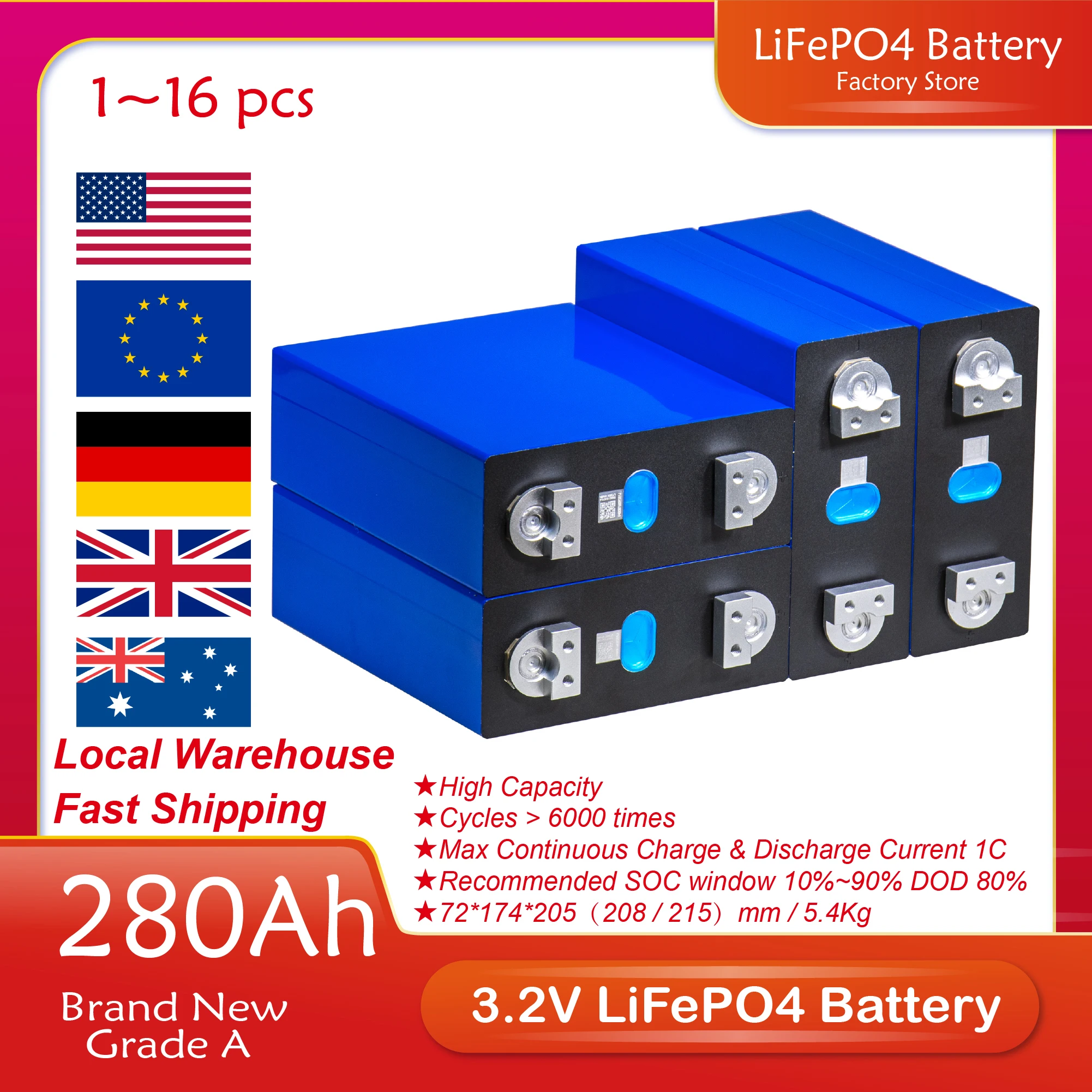 1/4PCS 280AH 3.2V Lithium Iron Phosphate Battery LF280K Grade A Brand New With Busbar DIY 48V 24V 12V Batteries Pack For Boats
1/4PCS 280AH 3.2V Lithium Iron Phosphate Battery LF280K Grade A Brand New With Busbar DIY 48V 24V 12V Batteries Pack For Boats