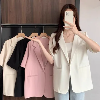 Mulheres Marcantes no Blazer Branco Fino: Nova Coleção Outono 2023 12 White Short-sleeved Blazer Jacket Women Summer Chic Single Button Notched Collar Outwear Ladies Korean Loose Office Suit Coat