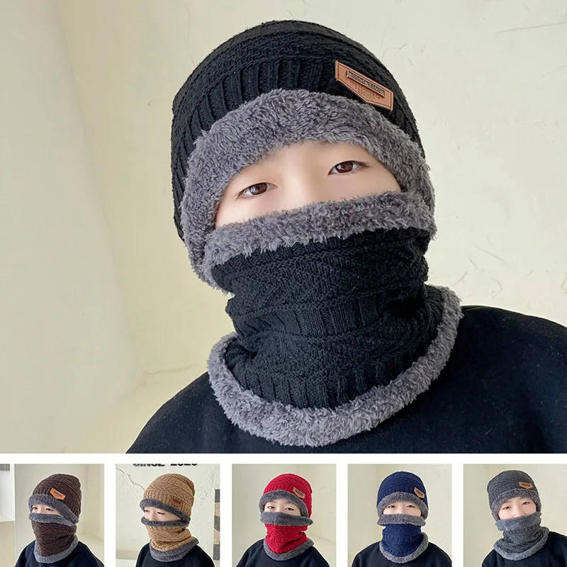 

2PCS Set Winter Knitted Children's Hat Scarf Set Warm Plus Velvet Thicken Girls Kids Beanies Cap For Boys шапка зимняя детская