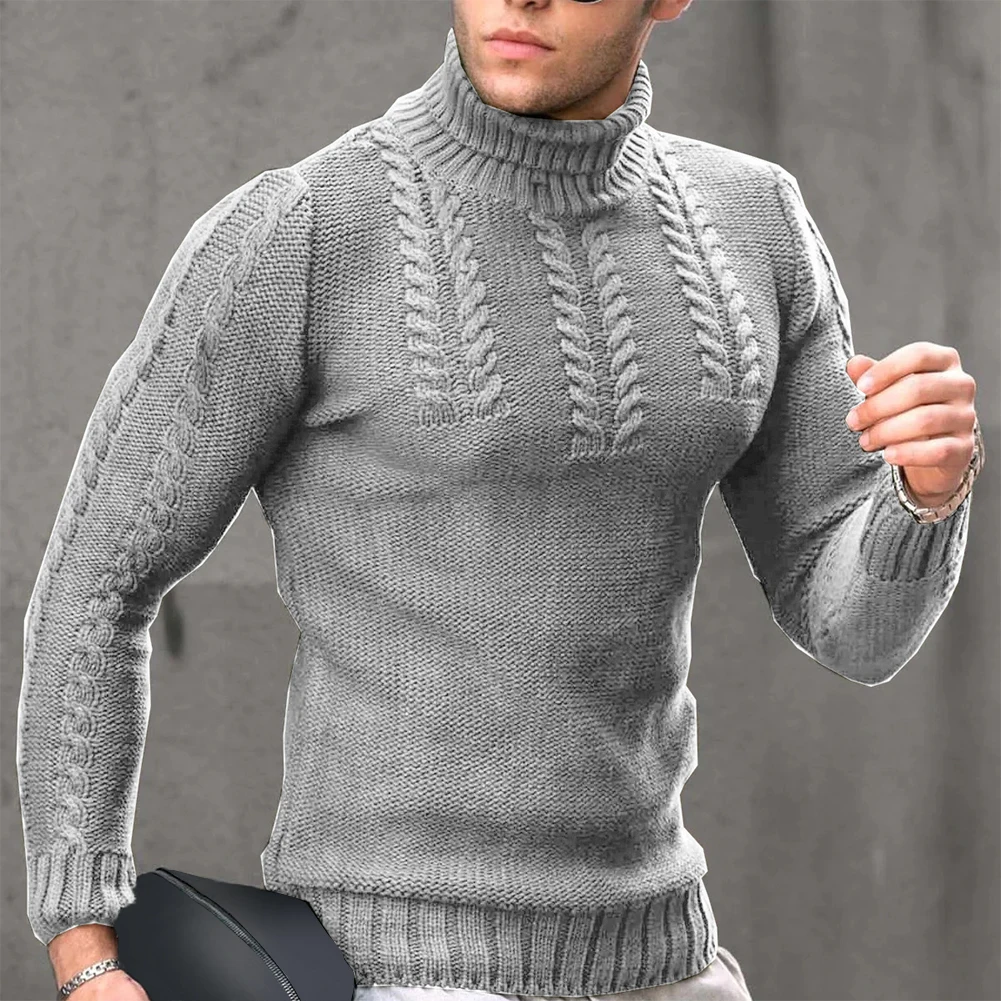 

New Men Winter Warm Turtleneck Slim Twisted Flower Long Sleeve Sweater Jumper Top Knitwear Solid Pullovers Male Knitted Sweater