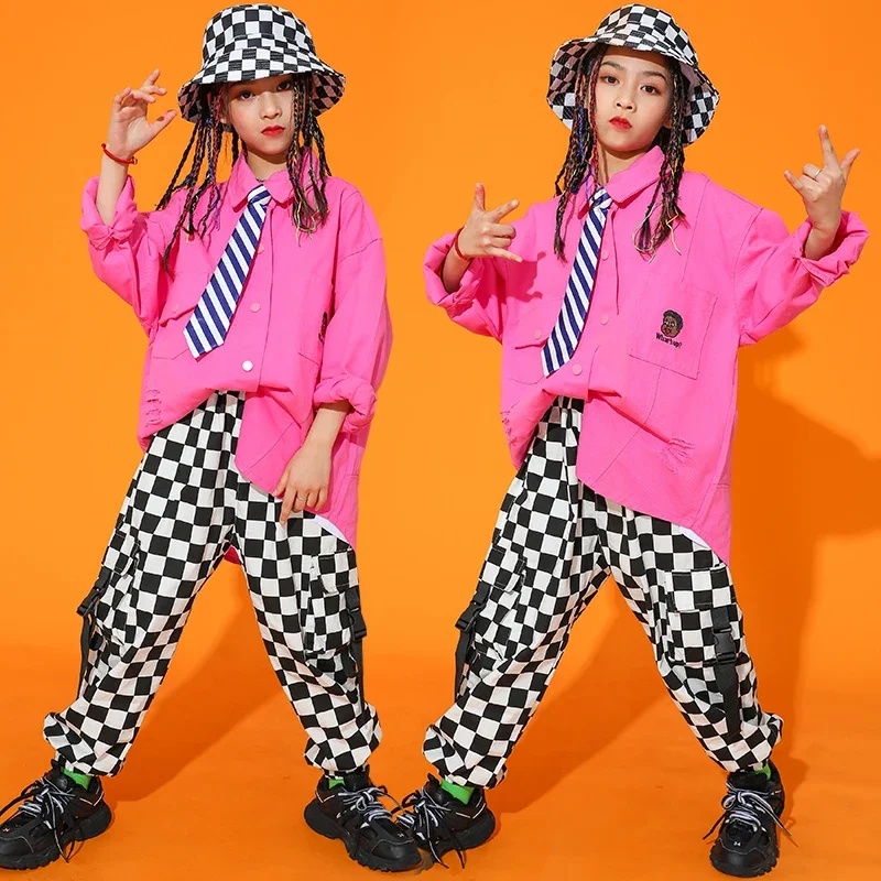 

Loose Long Sleeve Pink Shirt Casual Plaid Pants Girls Jazz Street Dancing Show Clothing Rave Wear Kids Hip Hop Clothes