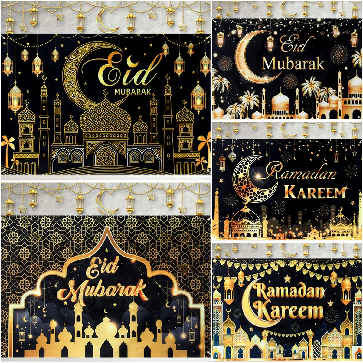 

Black Glod Eid Mubarak Photo Background Ramadan Kareem Islamic Mosque Moon Star Poster Banner Photography Backdrop Party Decor
