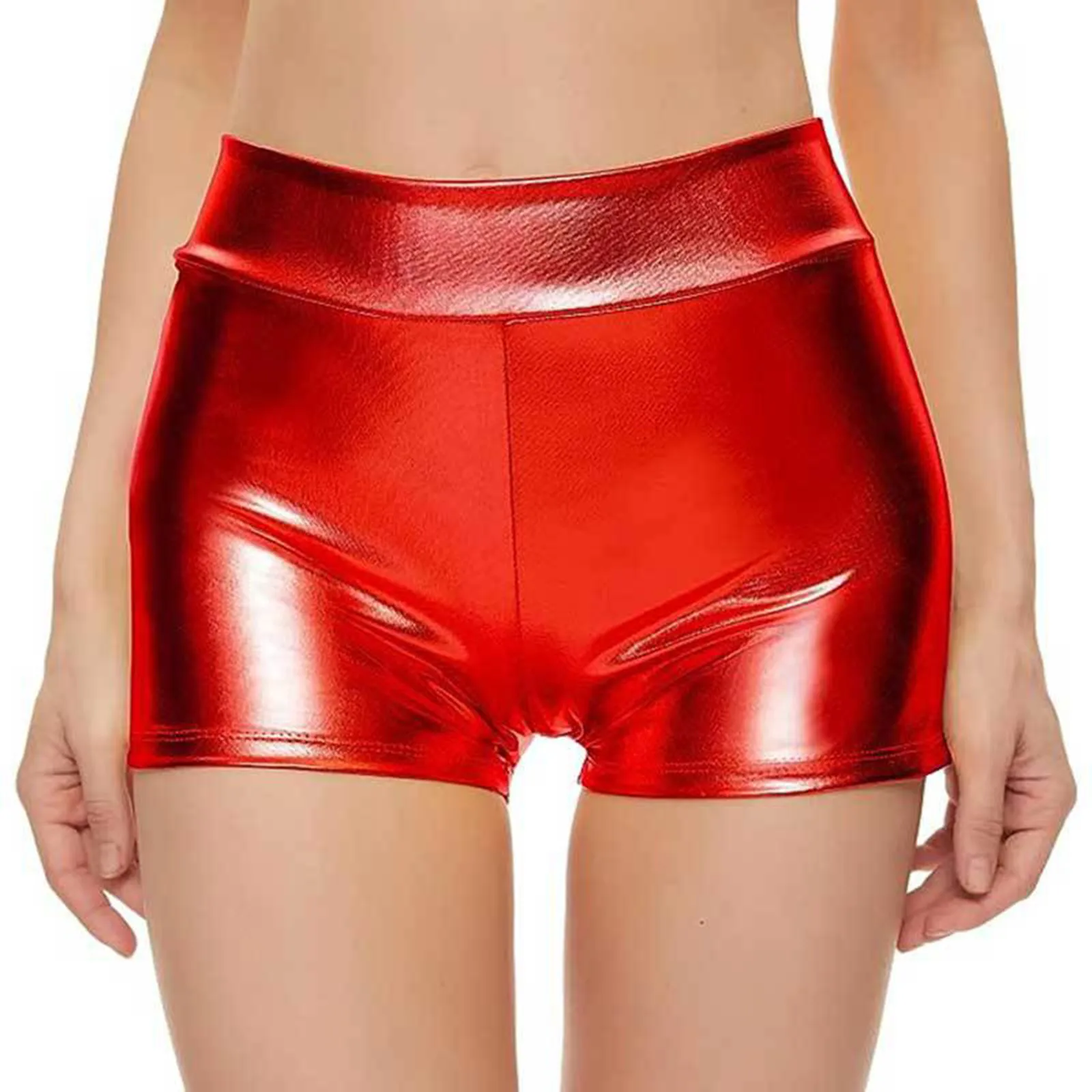 

Women Shorts 2024 Shiny PU Shorts High Waisted Metallic Rave Booty Shorts Dance Leather Shorts Clubwear Female Silver Gold Red