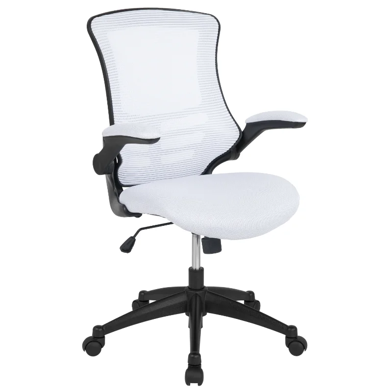 

Белый сетчатый вращающийся эргономичный офисный стул со средней спинкой LISM с откидными ножками