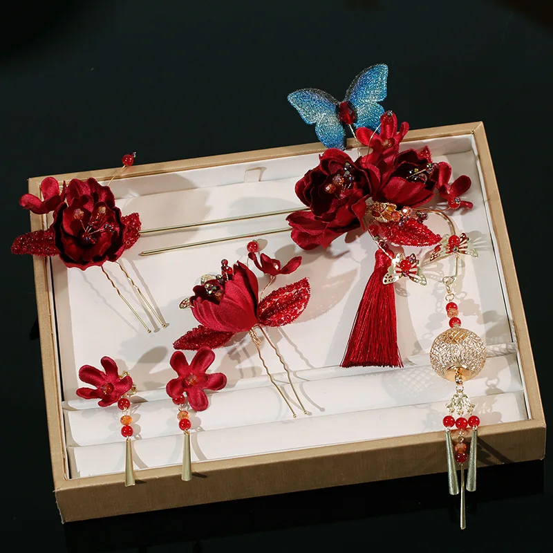 

New Chinese Style Headdress Wine Red Flower Step Swaying Hairpin, Classical Styling Wedding Hair Accessories