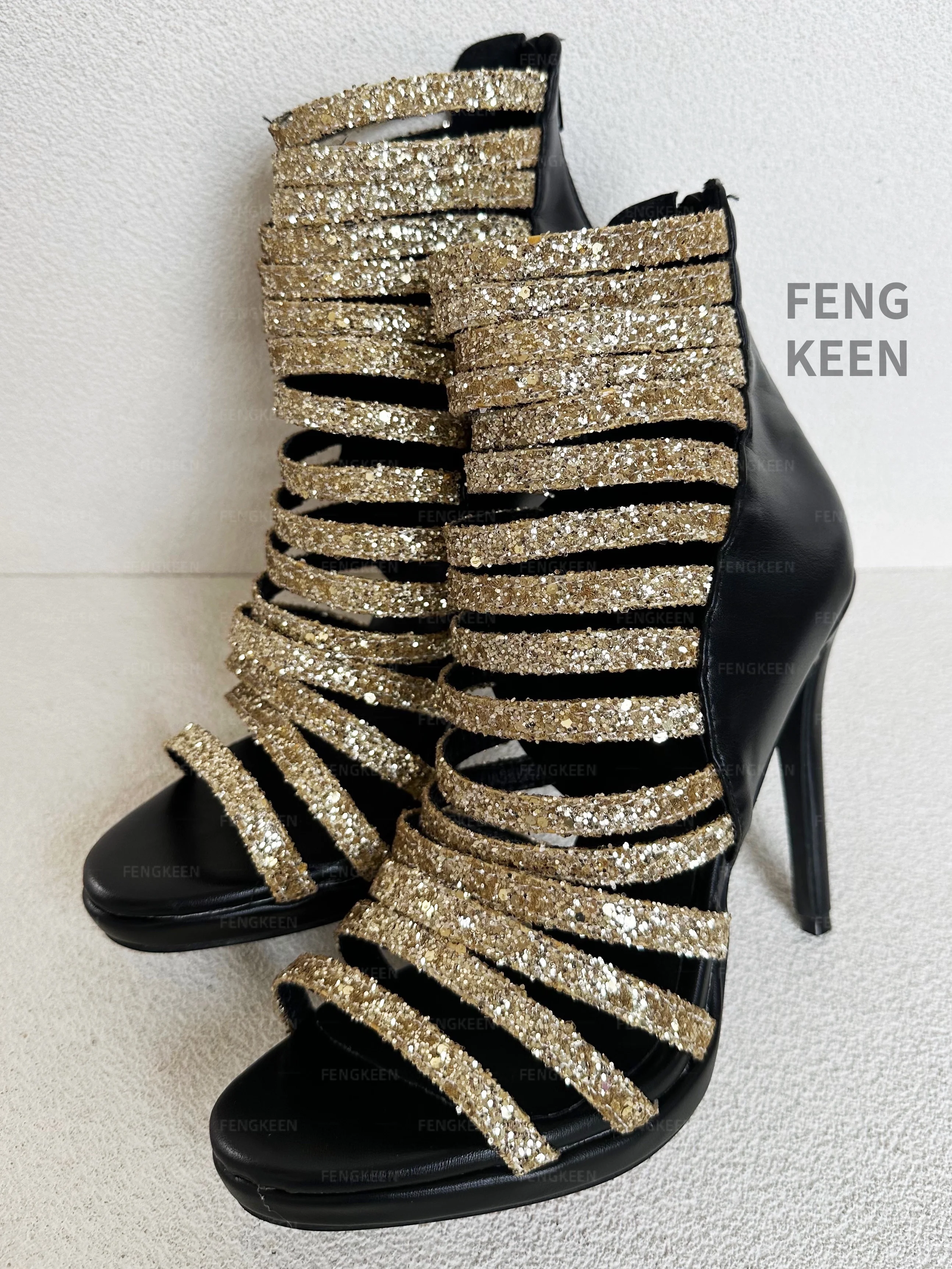 

FENGKEEN Handmade Women's Men Stiletto Big Large Size Black Gold Glitter Designer Ankle Super High Heeled Boots Bootie 19 49 51