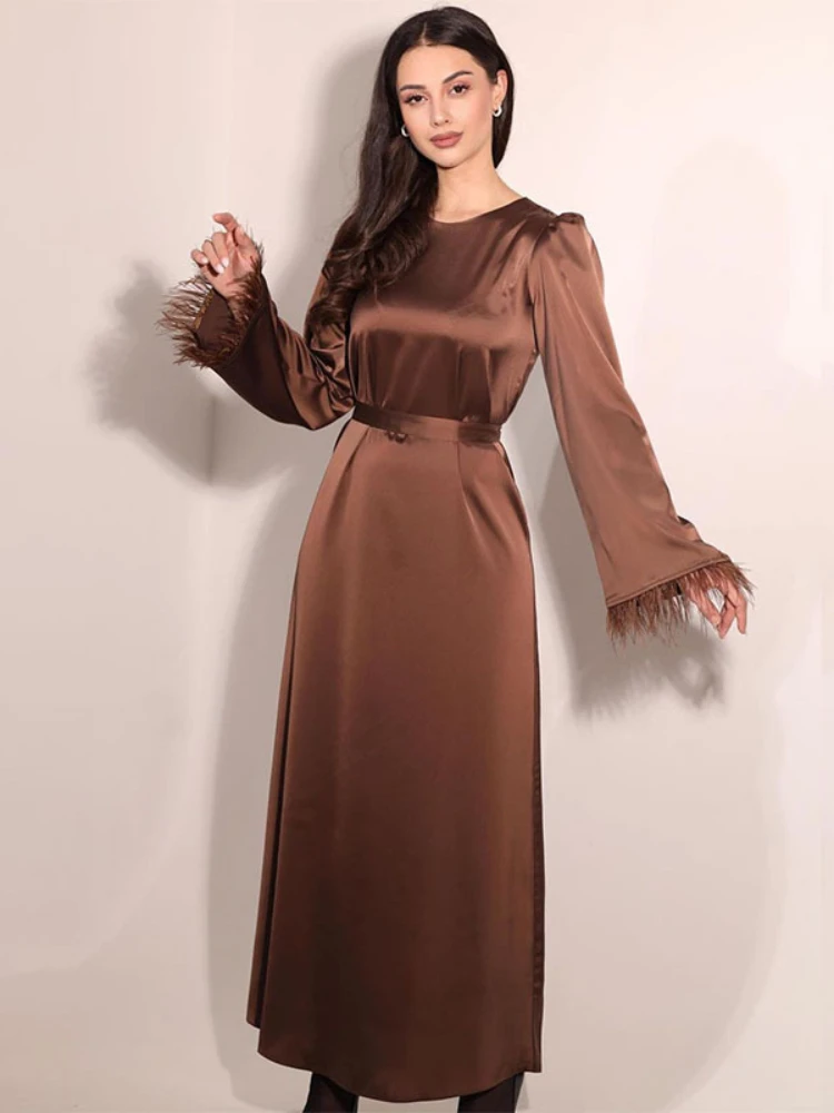 

Eid Muslim Party Dress for Women Satin Feather Jalabiya Abaya Ramadan Long Dresses Abayas Woman Robe Lace-up Vestidos Largo 2024