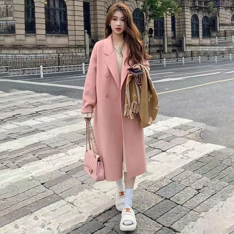 

Весенне-осенняя Новая тонкая шерстяная ветровка, Женское пальто, корейское Свободное длинное двубортное шерстяное пальто для отдыха, верхняя одежда