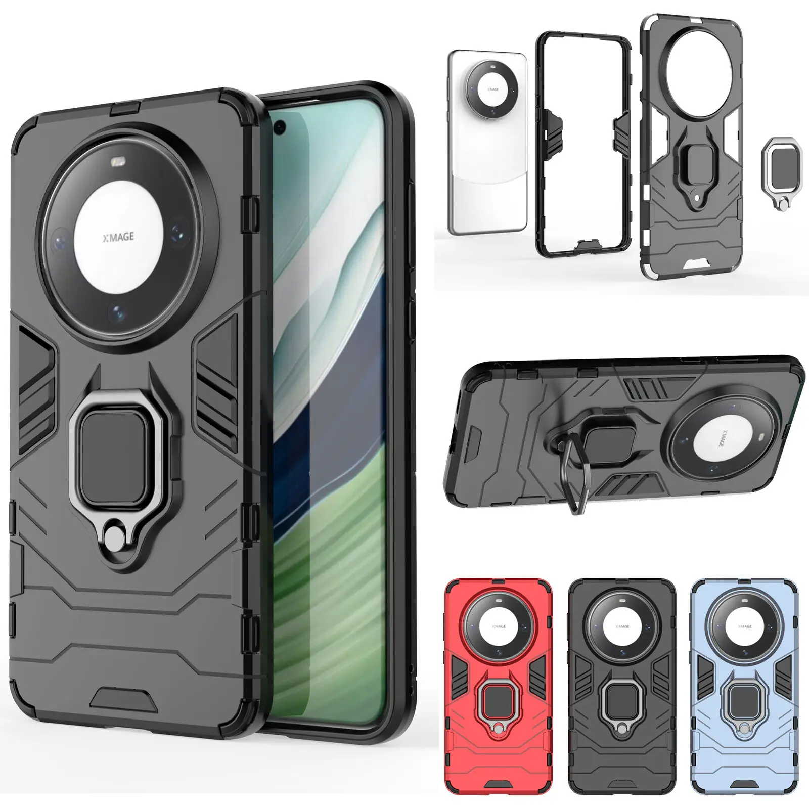 

For Huawei Mate 60 Pro Hybrid Magnetic Armor Case With Finger Ring Kickstand Shockproof Dual Layer Soft Rubber & Hard PC Back