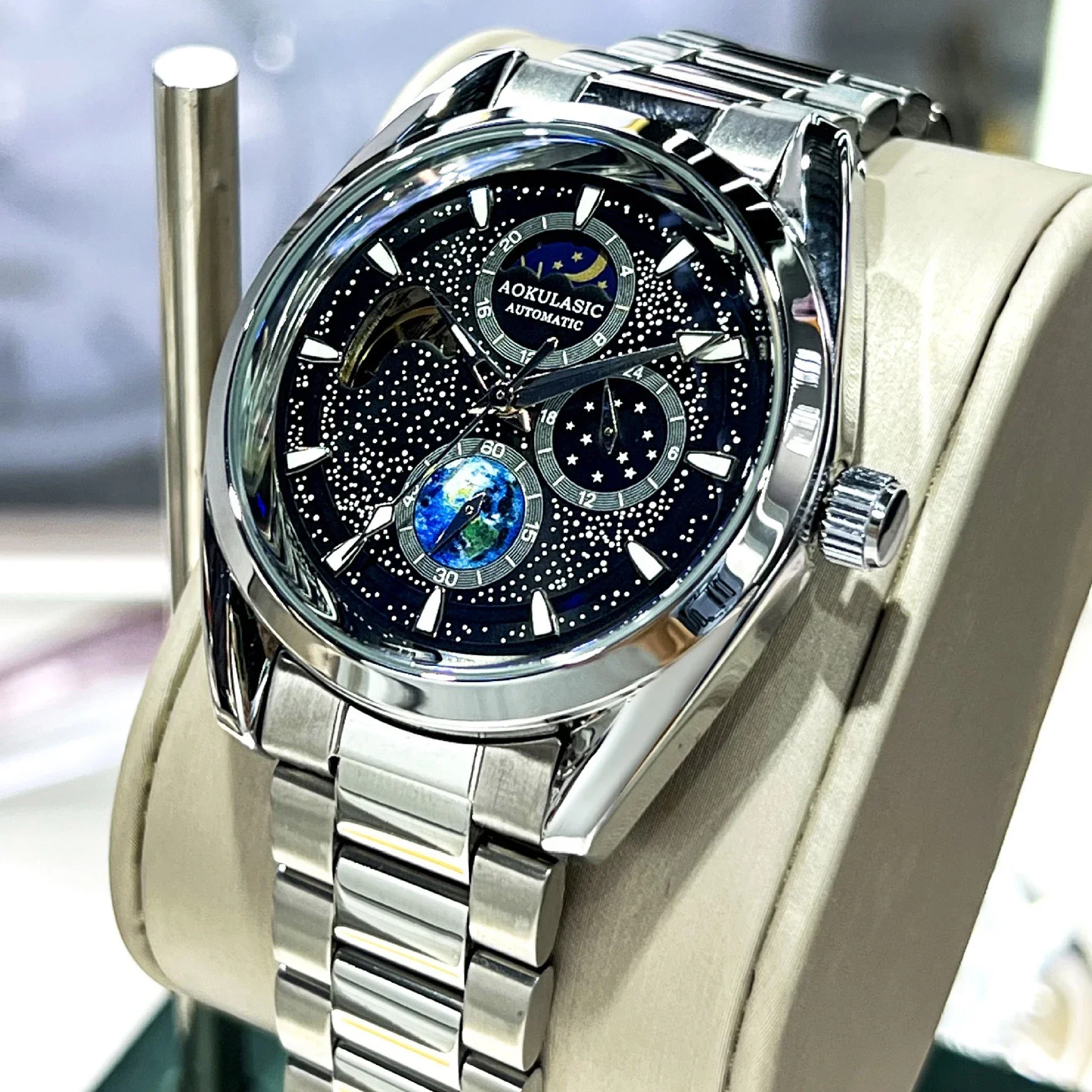 

AOKULASIC Men's Luminous Automatic Watches Fashion Casual Mechanical Moon Phase Wristwatches Man Sport Waterproof Business Watch