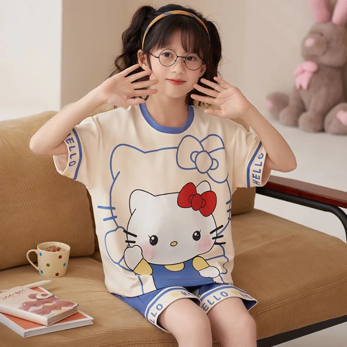 

Kawaii Kuromi My Melody Children Pajama Sets Cinnamoroll Girl Short-Sleeved Shorts Cotton Sleepwear Summer Kids Loungewear