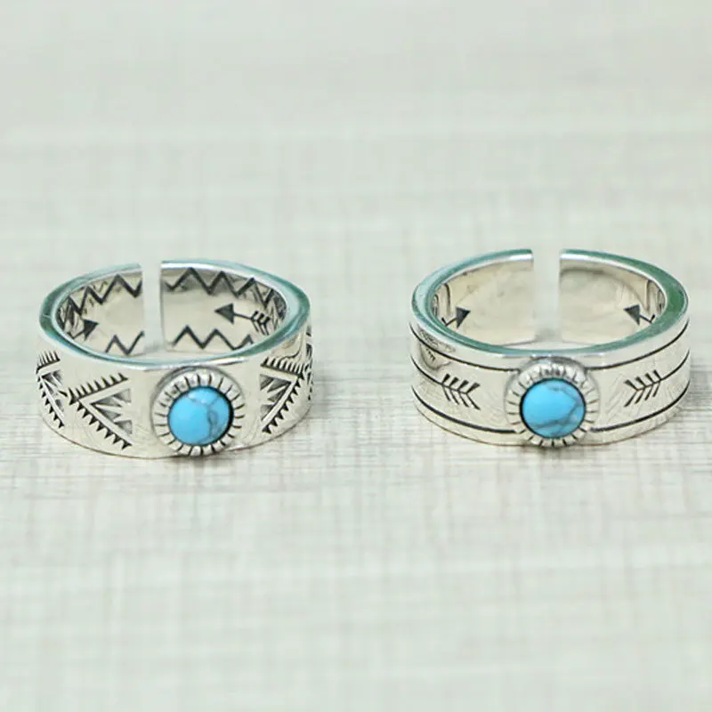 

S925 Sterling Silver Ethnic Style Couple Ring Fashion Turquoise Index Finger Ring Personalized Trendy Open Arrow Ring