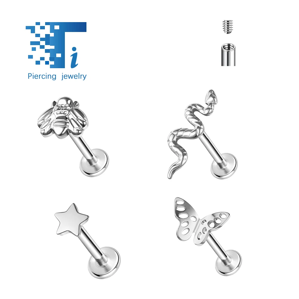 

F136 titanium piercing hollow butterfly earrings snake earrings bee star lip stud nose stud titanium body jewelry ear bone studs