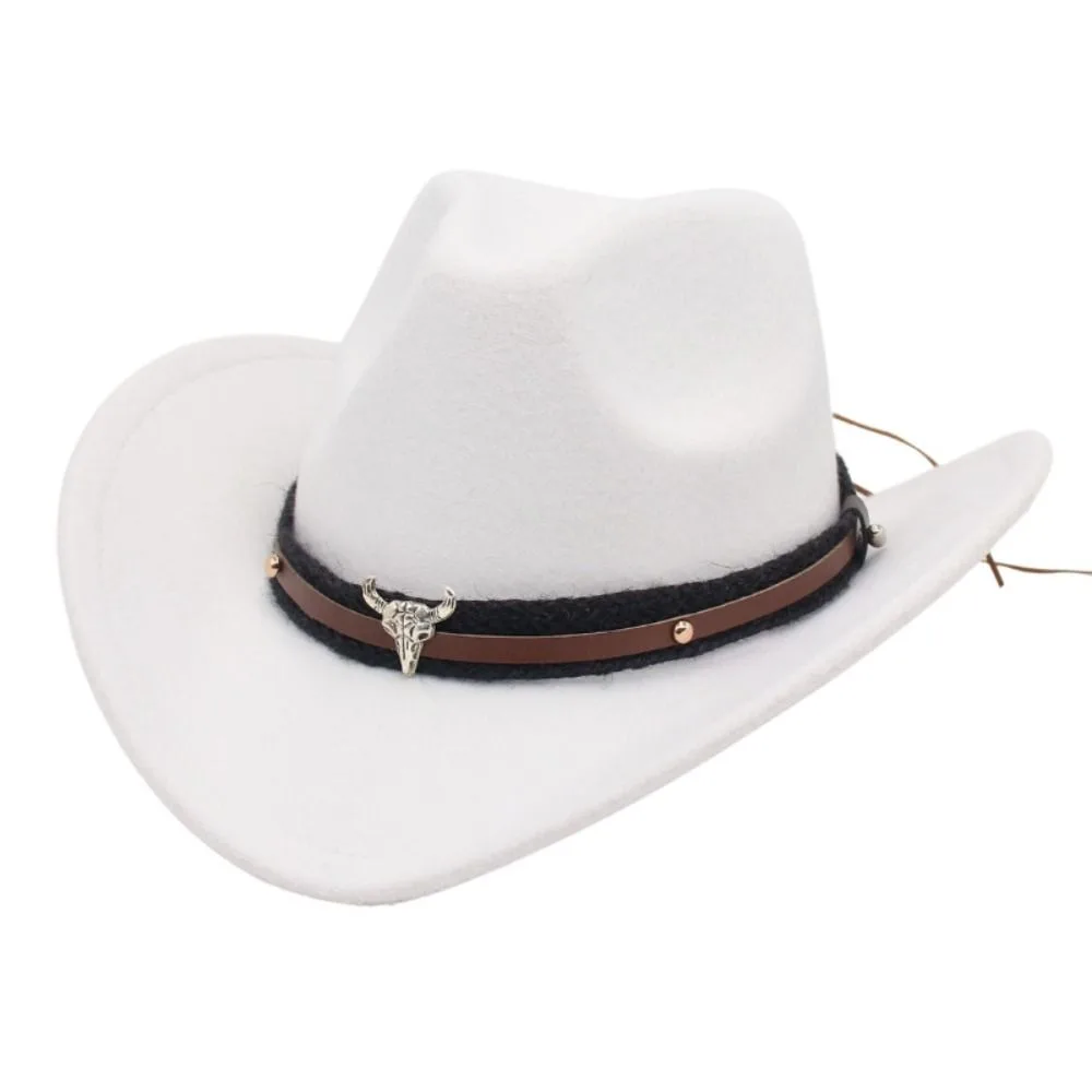 

Roll Brim Western Cowboy Hat New Ethnic Style Ox Head Belt Tibetan Style Top Hat with Cow Band Felt Jazz Fedora Hats Men
