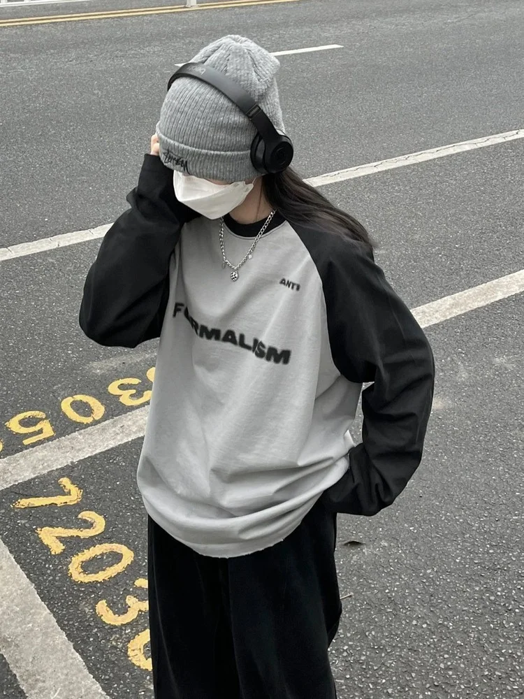 

Базовая серая хлопковая футболка с длинным рукавом в стиле Харадзюку, винтажная Женская свободная футболка в стиле пэчворк, корейский топ на осень 2022