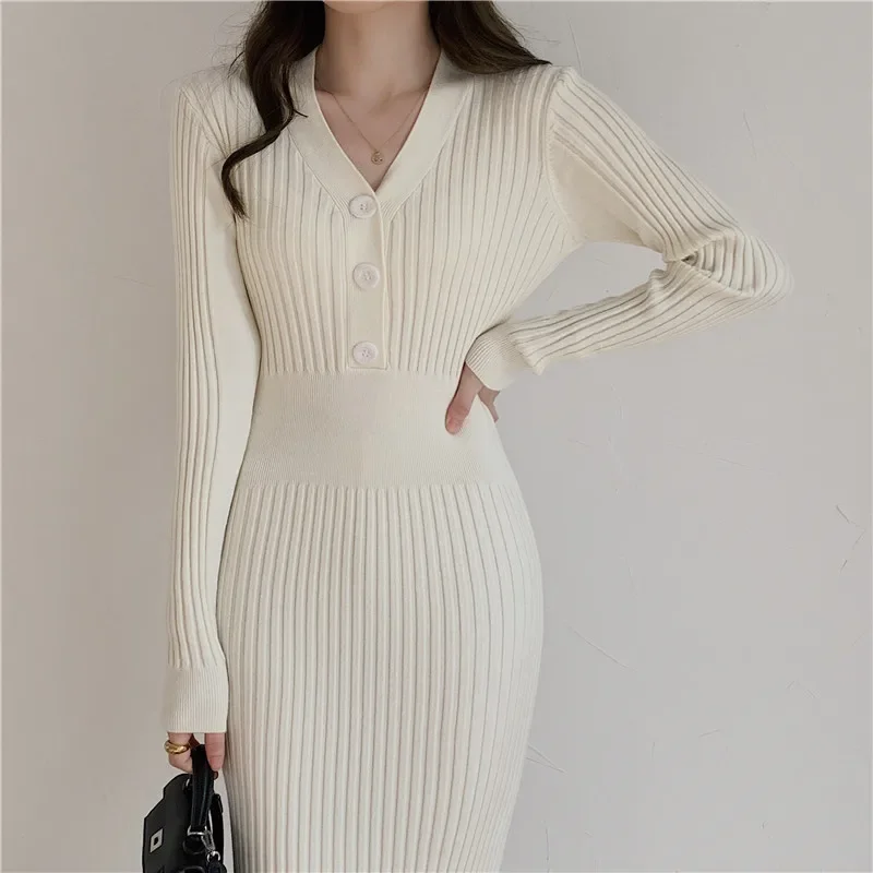 Vintage Knitted Sweater Long Sleeve Dresses Women Slim Bodycon Korean Elegant Fall Winter Button V Neck Sweater Midi Woman Dress
Vintage Knitted Sweater Long Sleeve Dresses Women Slim Bodycon Korean Elegant Fall Winter Button V Neck Sweater Midi Woman Dress