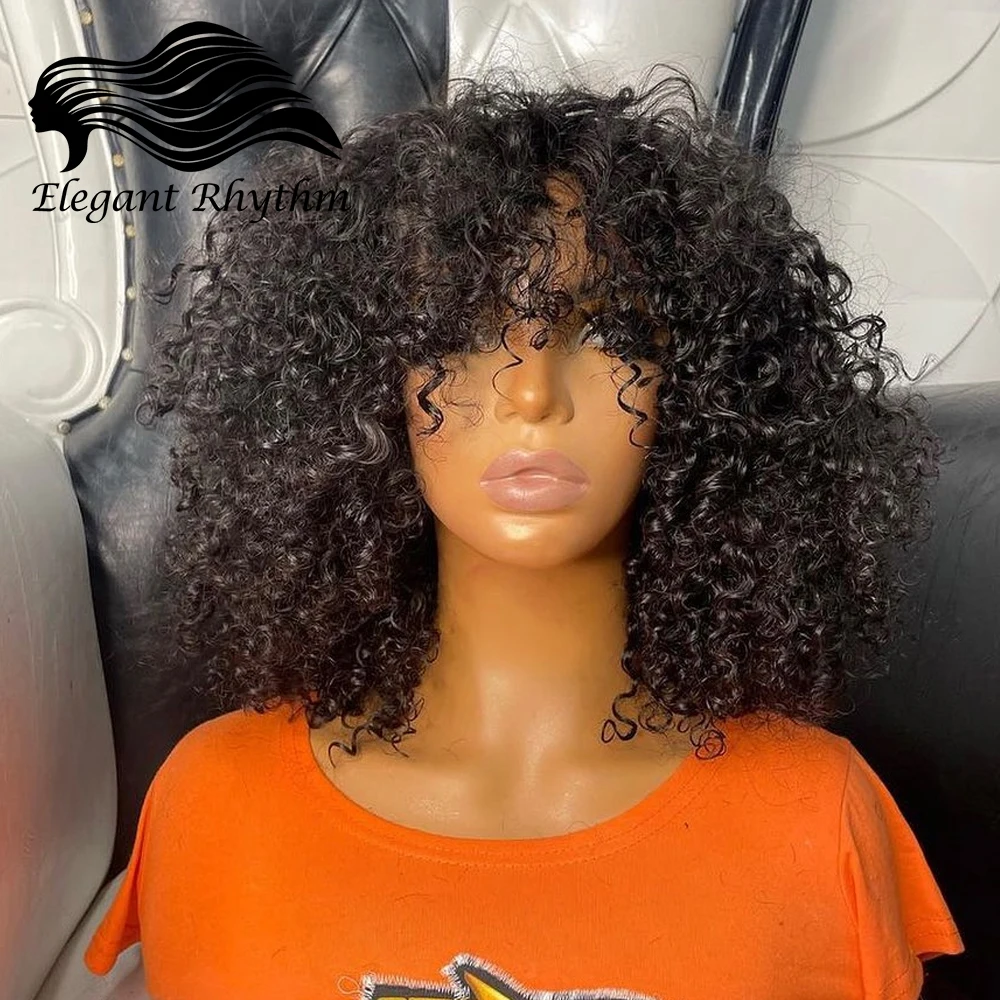 

Short Bob Curly Human Hair Wigs with Bangs Ready to Go Glueless Brazilian Virgin Hair Kinky Curly Fringe Wigs for Black Women