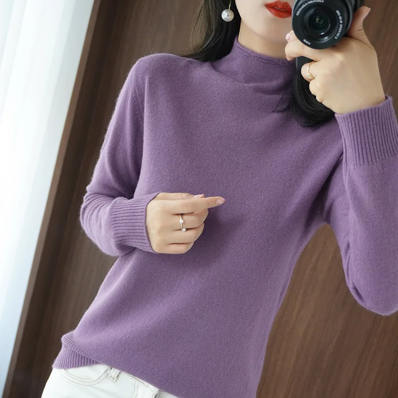 

Fashion Women Sweaters Mock Neck Long Sleeve Warm Knitwear Solid Slim Fit Pullover Basic Korean Knit Tops Bottoming Shirt Jumper
