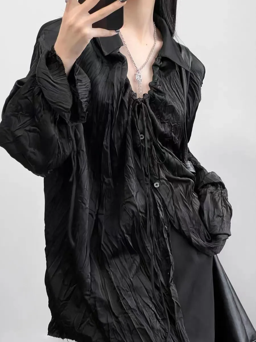 

VANOVICH Spring New Fashion Design Pleated V-neck Drawstring Shirts Women's Black Loose Temperament Flare Sleeve Casual Shirts