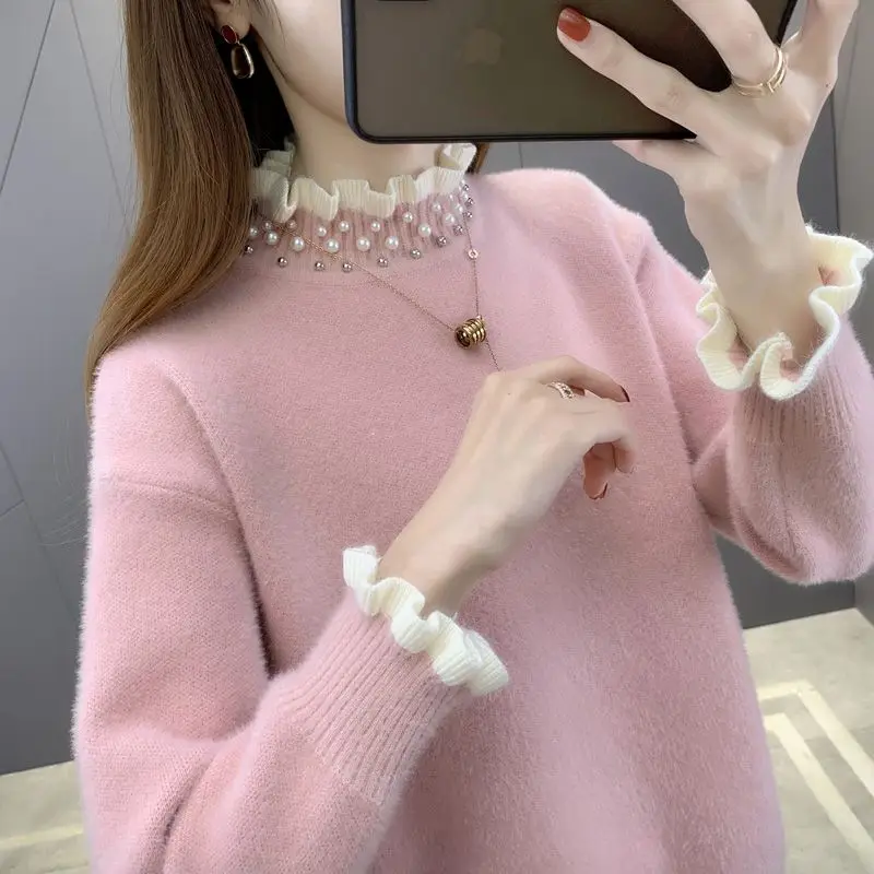 Imitation Mink Fleece Sweater Women's 2023 Autumn and Winter New Half High Collar Wood Ear Beaded Knitted Bottom Shirt B568
Imitation Mink Fleece Sweater Women's 2023 Autumn and Winter New Half High Collar Wood Ear Beaded Knitted Bottom Shirt B568