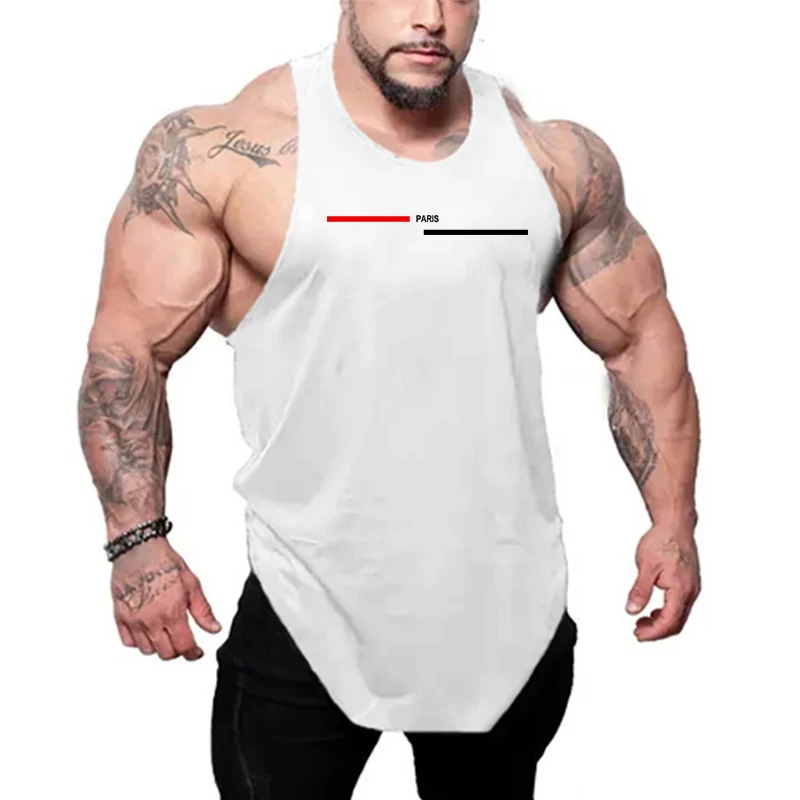 

Paris Print Gym Fitness Sport Vests Men's Running Loose Racer Back Tank Tops Cotton Sleeveless Breathable Bodybuilding T-Shirt