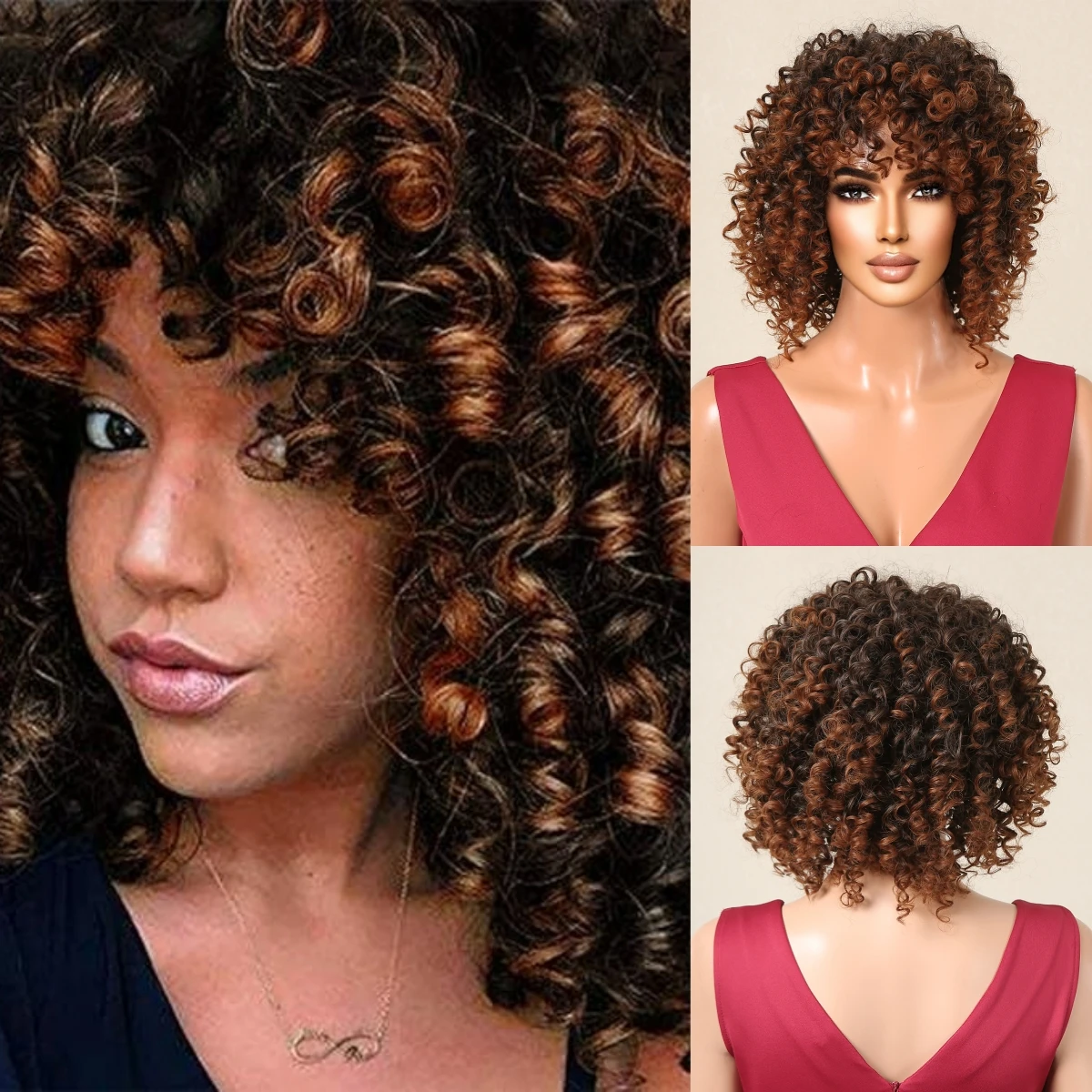 

HAIRCUBE Short Loose Curly Bob Wigs for Women Bouncy Synthetic Natural Cosplay Hair Wigs with Bang Brown Afro Kinky Curly Wig