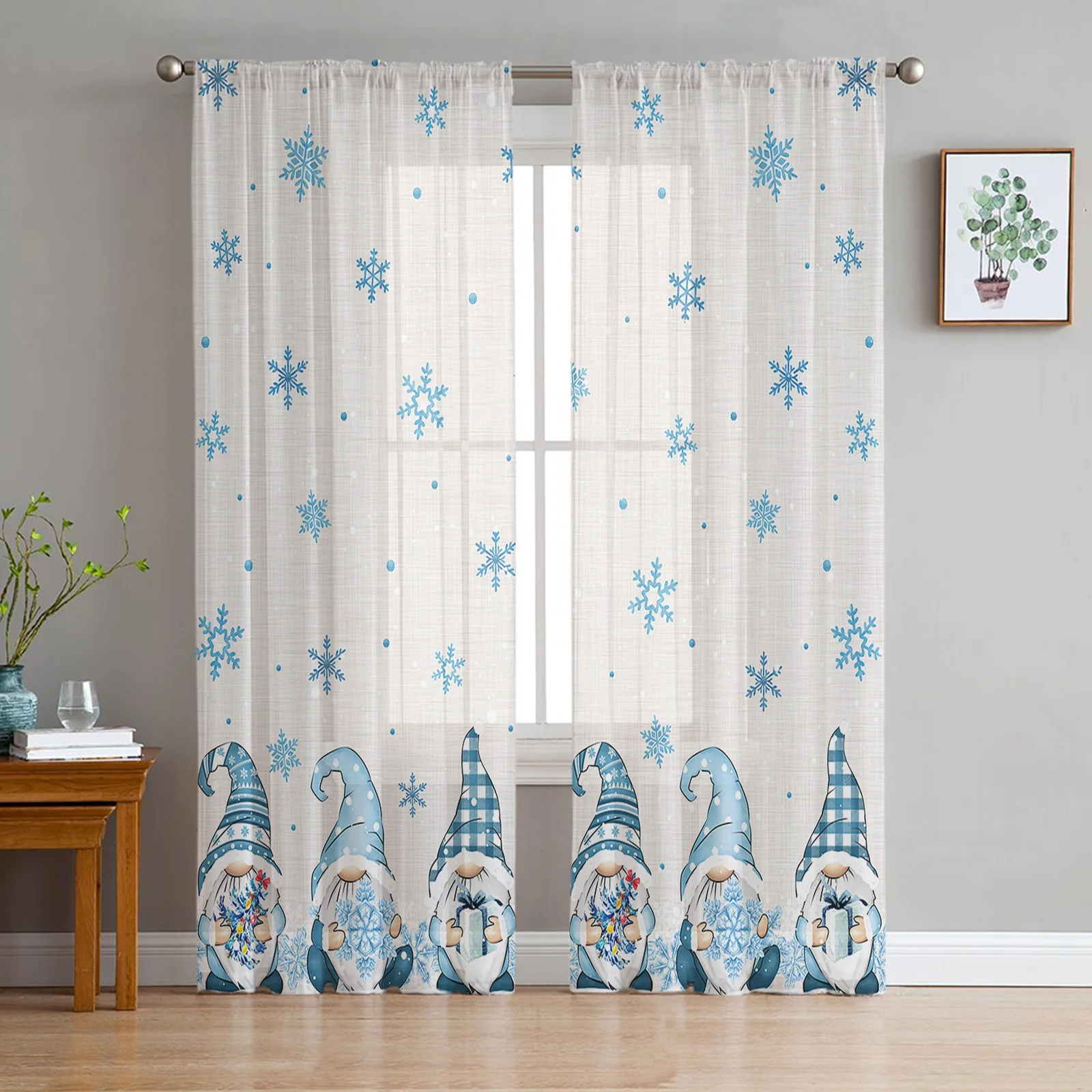 

Christmas Blue Snowflake Gnome Window Tulle Curtains for Living Room Kitchen Christmas Home Decor Sheer Voile Curtains