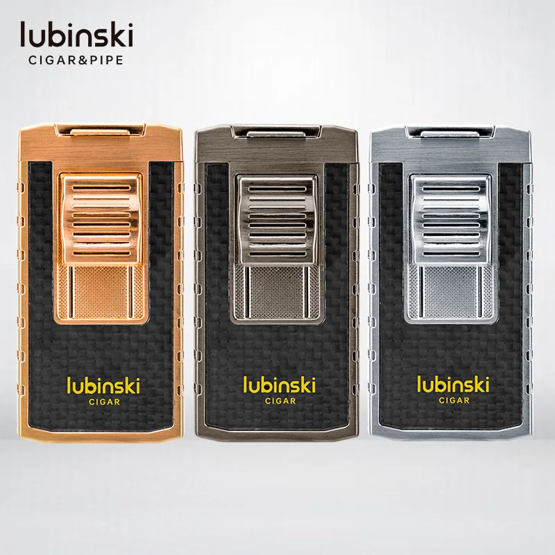 

LUBINSKI Torch Lighter Windproof 2 Jet Gas Cigar Lighter Top Cigar Holder Smoking Gift Set With Lighters Case