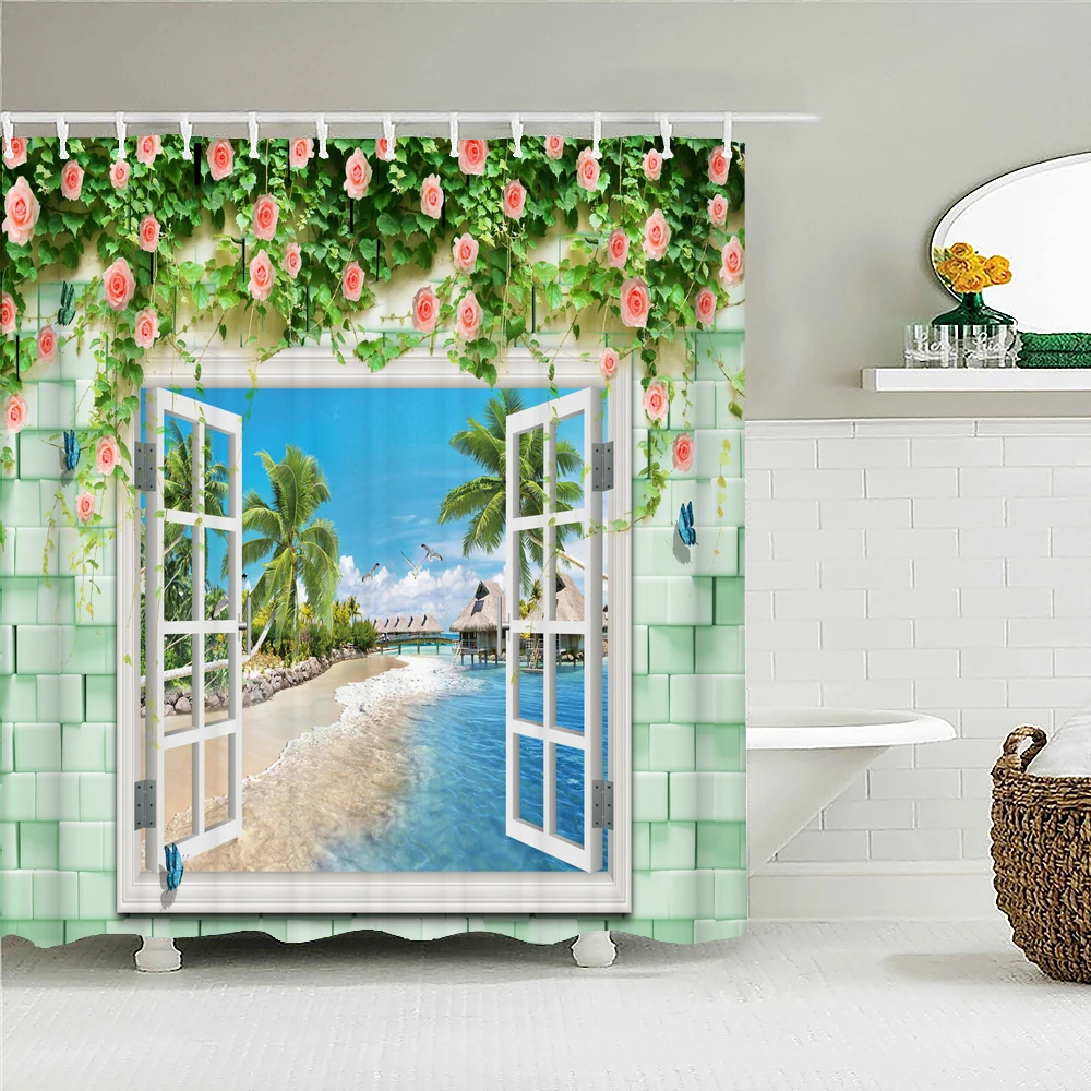 

3D window opening scenery window scenery printing shower curtain waterproof washable bath curtain bathroom decoration with hook