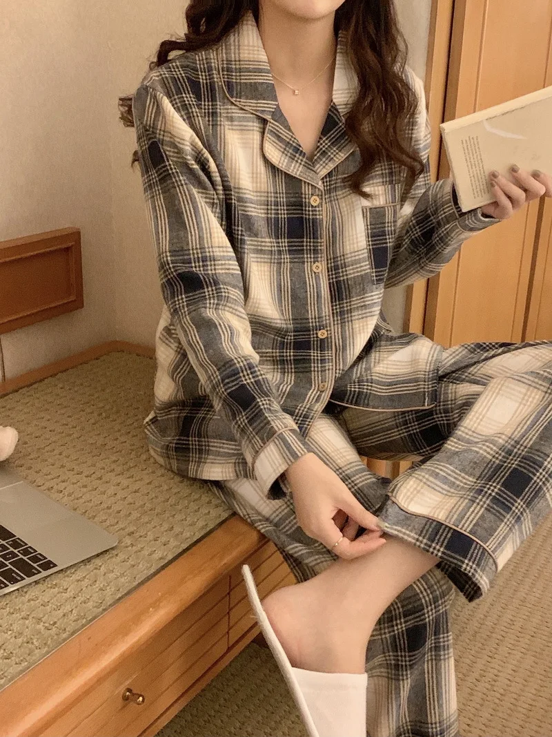 

2023 New Women's Pajama Set Fall/Winter Style Long Sleeve Long Pants Gray Plaid Shirt Loungewear Set Can Be Worn Out