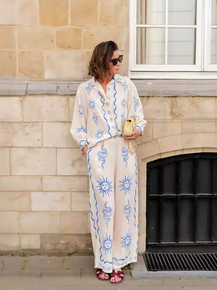 Women Printed Shirt Loose Pants Suits Summer Long Sleeve Top Casual Ladies Blouse Wide Leg Trousers 2 Piece Set Beach Vacation
Women Printed Shirt Loose Pants Suits Summer Long Sleeve Top Casual Ladies Blouse Wide Leg Trousers 2 Piece Set Beach Vacation