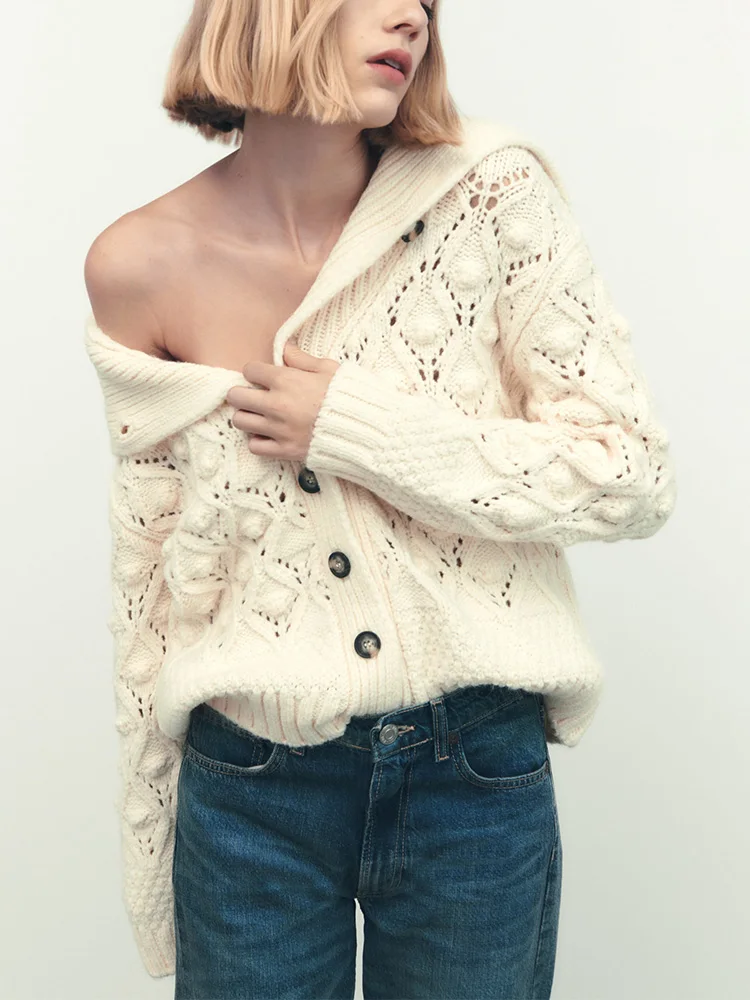 

Cardigans Women Clothing 2023 Lapel Collar Long Sleeve Pompom Openwork Knit Cardigan Single Breasted Casual Oversized Cardigan