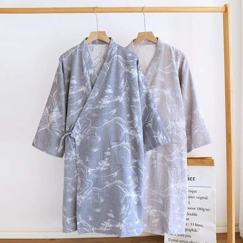 

Cotton Color Woven Jacquard Kimono Pajama Robes for Men's Four Season Thin Lace Sweat Steaming Bathrobe Ink Painting Home Robe