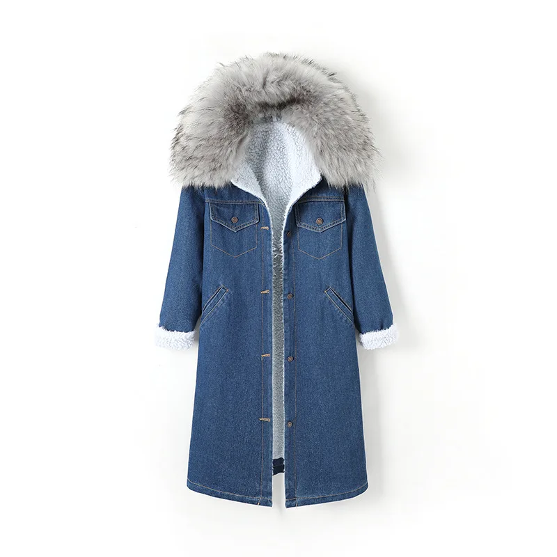 Long Cowboy Jackets Women Denim Cotton Jacket with Wool Detachable Hood Blue Thickened Warm Button Coat Outerwear Clothing
Long Cowboy Jackets Women Denim Cotton Jacket with Wool Detachable Hood Blue Thickened Warm Button Coat Outerwear Clothing