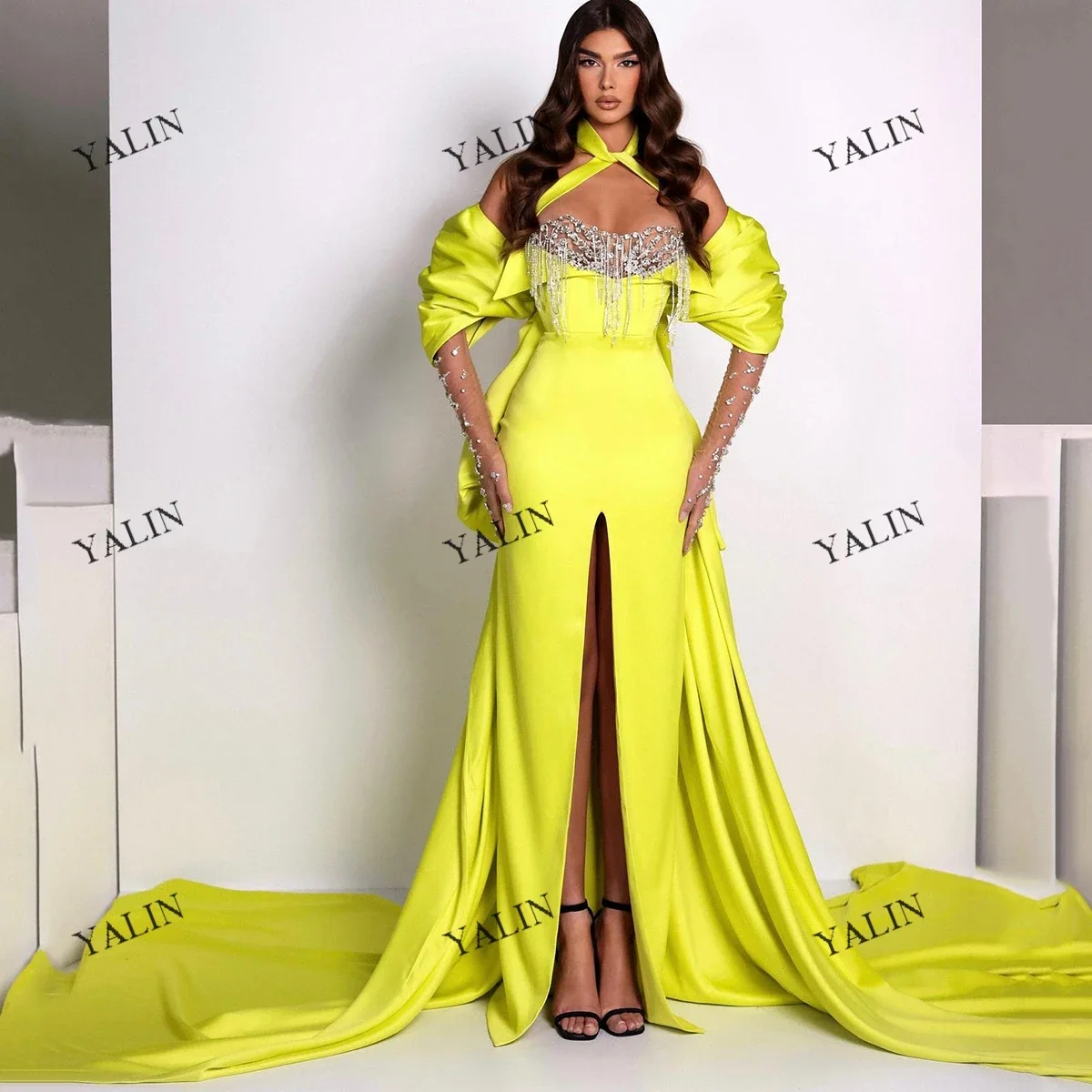 

YALIN 2022 Summer Sale Puff Sleeve Red Carpet Dresses Front Slit Sweep Train Prom Dress Tassel Beading Mermaid Evening Gowns