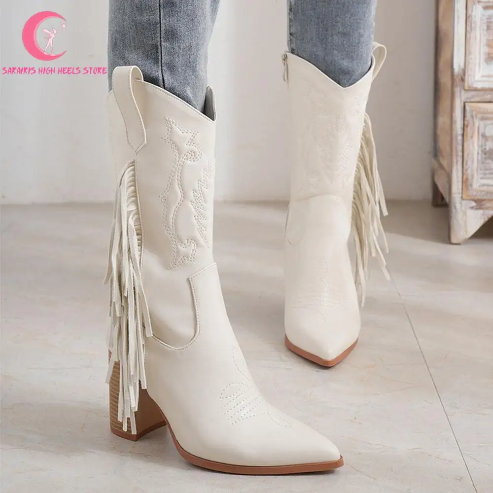 

Retro Women Western Boots Fringe Chunky High Heel Pointed Toe Mid Calf Cowgirl Cowboy Shoes Embroidery Design Ridding Boots